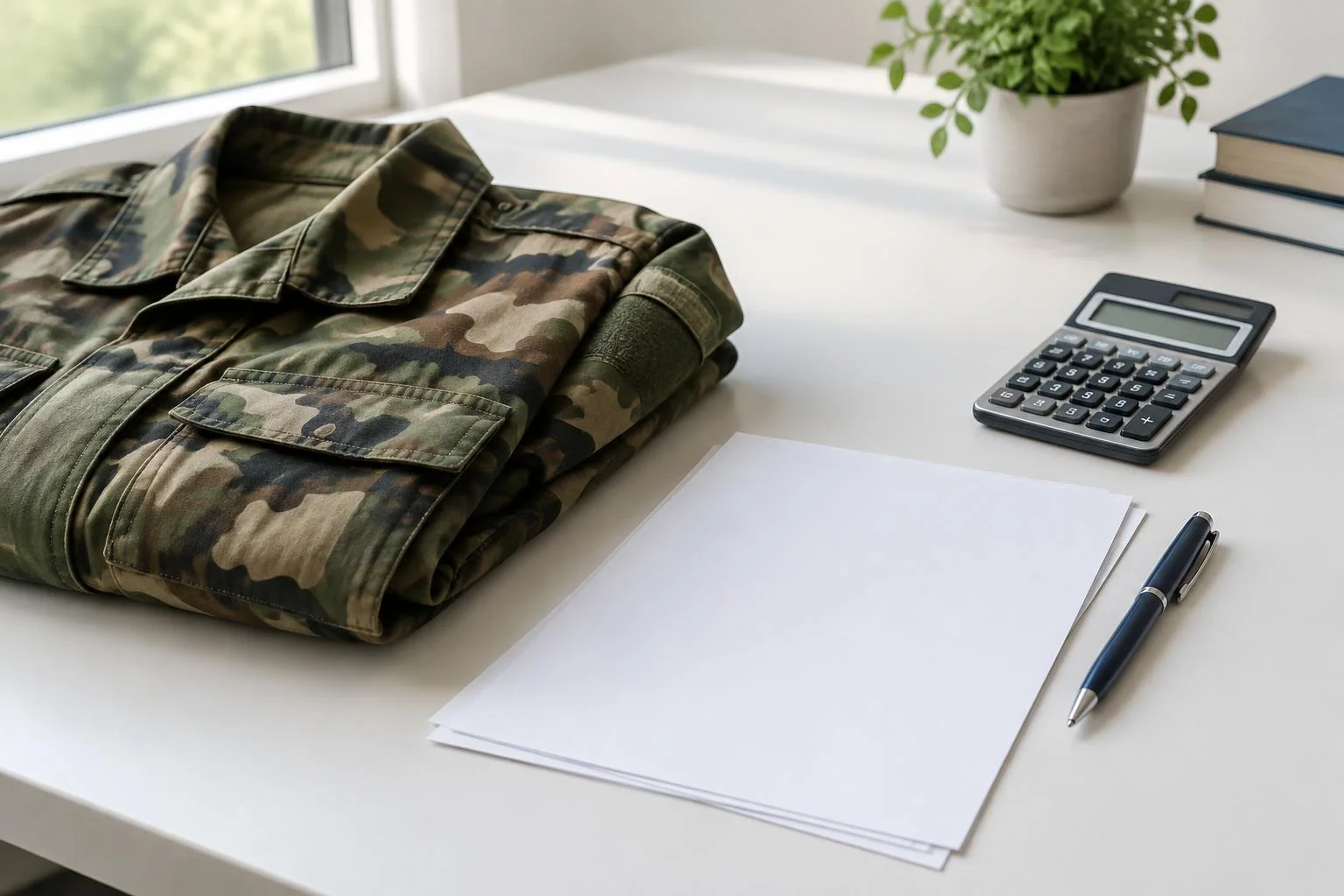 Veste de réserviste, calculatrice et documents sur un bureau pour illustrer la fiscalité de la solde militaire