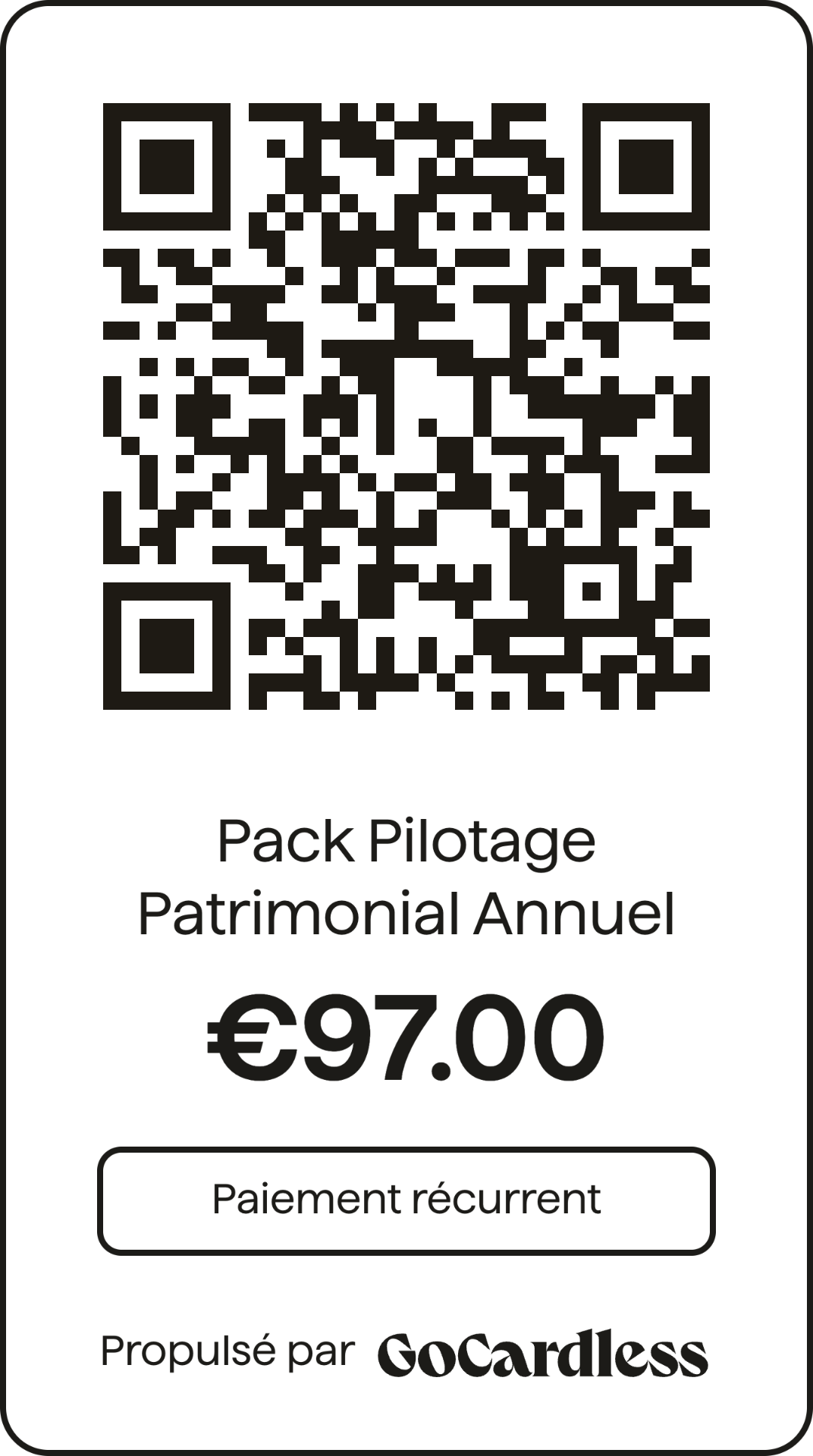 QR code GoCardless — souscrire au Pack Pilotage Patrimonial Annuel à 97€