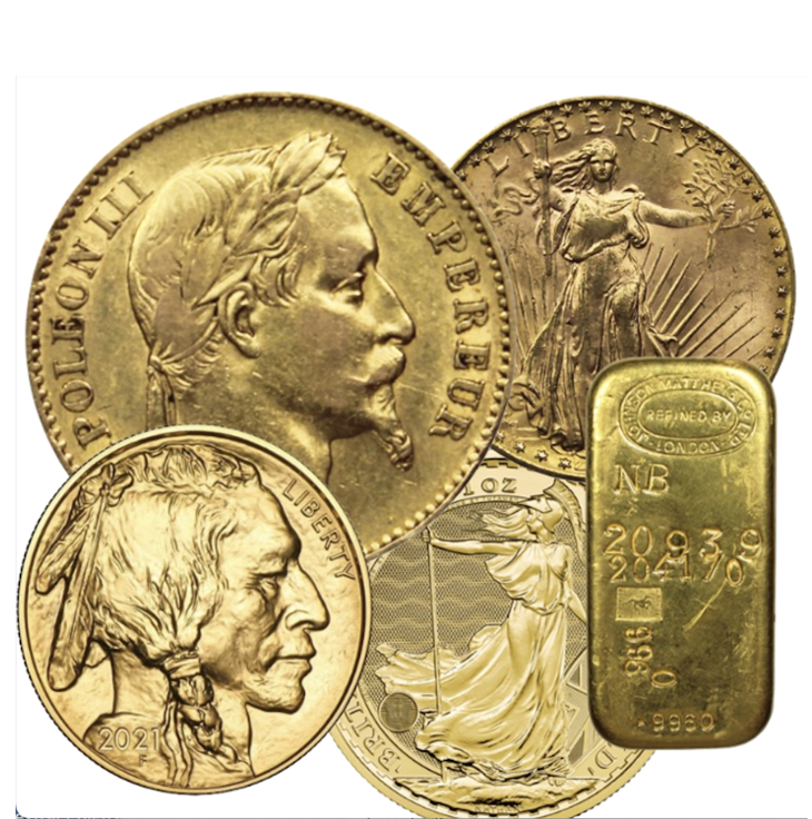 Pièces et lingot d'or — Napoléon, Liberty, Buffalo, Britannia
